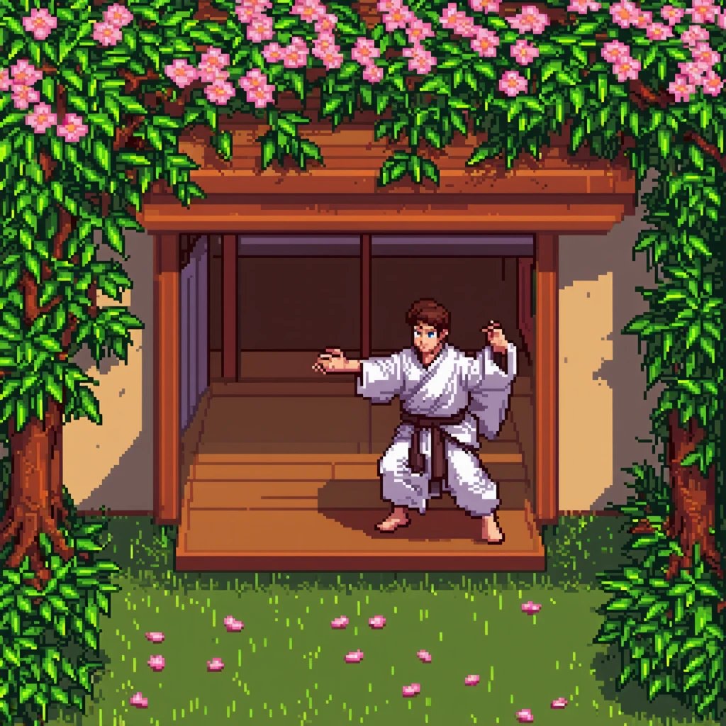 Pixelated Karateka in a Blossoming Dojo