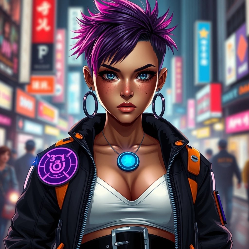 Create a detailed text prompt for AI art tools to replicate the image providedDesign a cyberpunkinspired female character with a confident and slightly defiant expression. The character should have a medium complexion with a hint of freckles and a determined gaze. Her hair is short and spiky, with a gradient of purple to pink tones, and she has large, expressive ears with circular earrings. She is wearing a formfitting, hightech black jacket with a futuristic zipper and a blue LED light on the collar. The jacket has a patch with a purple circular emblem on the left shoulder and orange details. Underneath, she is wearing a white crop top that shows off her midriff. The characters outfit is accessorized with a black belt with a metallic buckle. The background should be a blurred cityscape with neon lights in shades of blue, pink, and purple, suggesting a night scene in a vibrant, bustling metropolis.