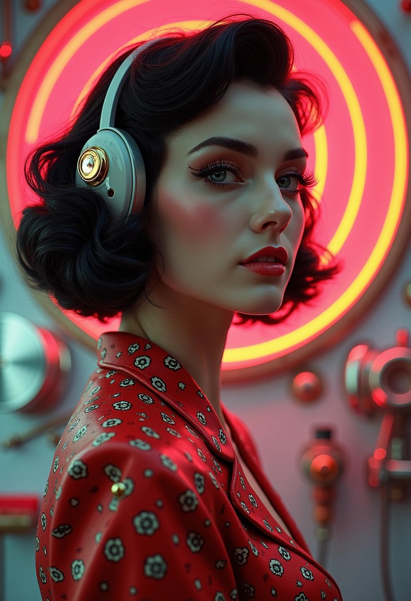 Stylish Woman in Red Dress with Headphones and Red Light Background