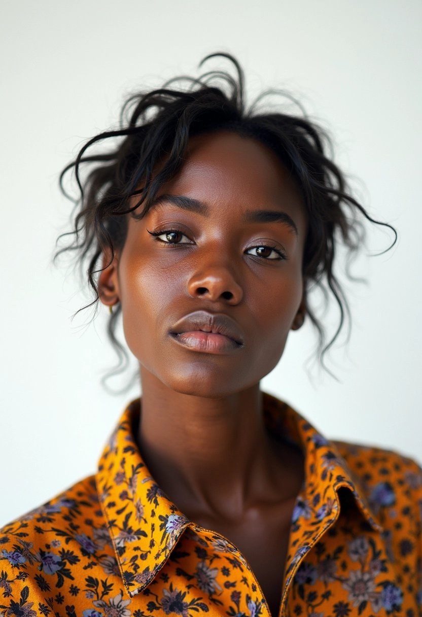 Confident Gaze A Portrait of a Woman in a Floral Shirt