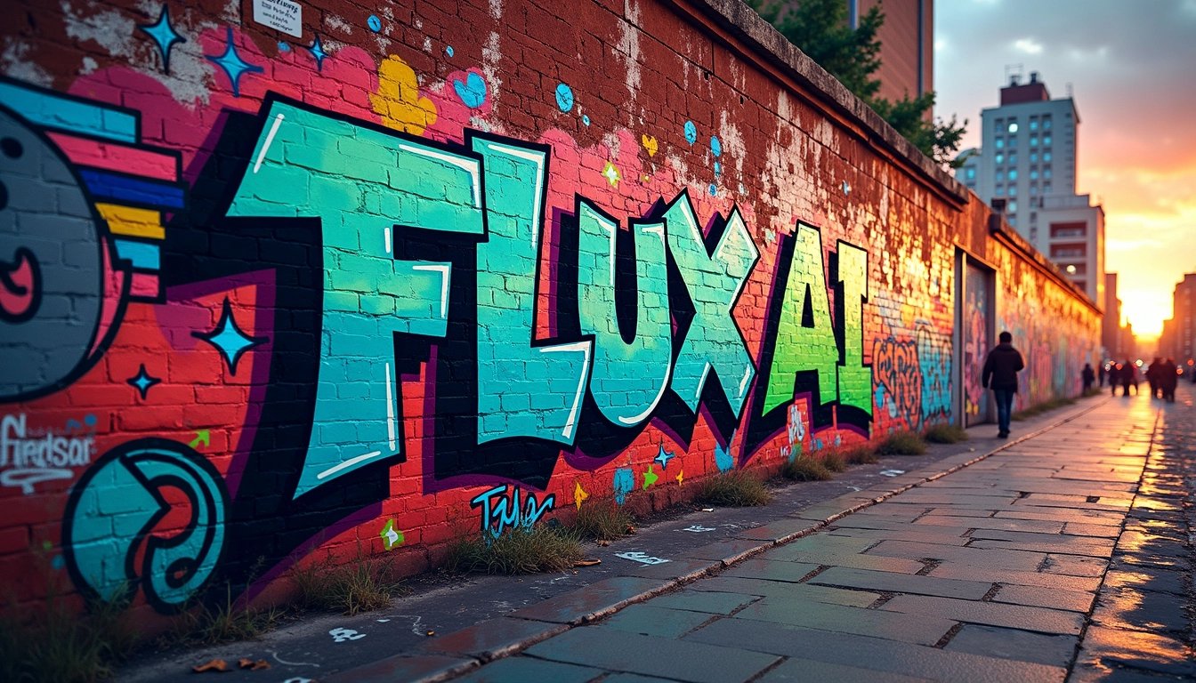 Vibrant Graffiti Wall with FLUX AI in Colorful Letters at Sunset