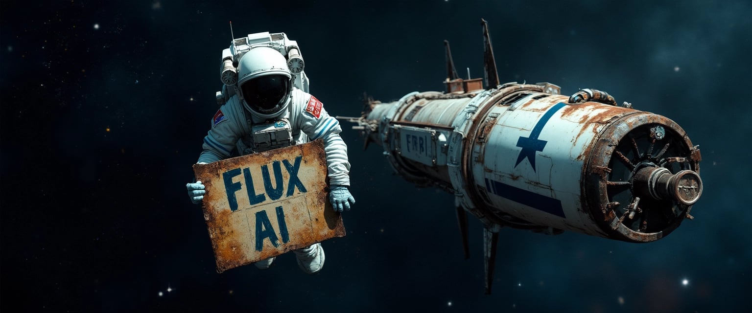 Astronaut with FLUX AI Sign Floats in Space Near Rusty Spaceship