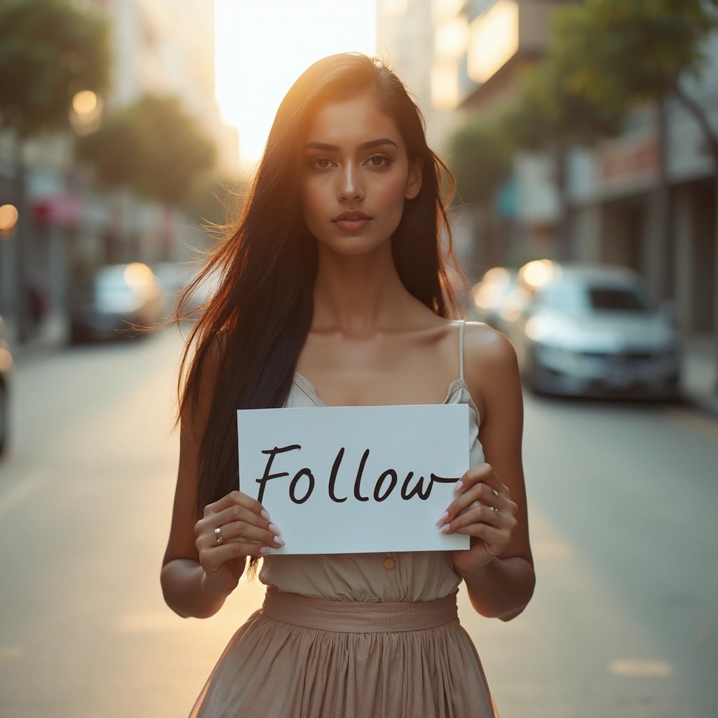 Confident Woman in Cityscape Holds 'Follow' Sign