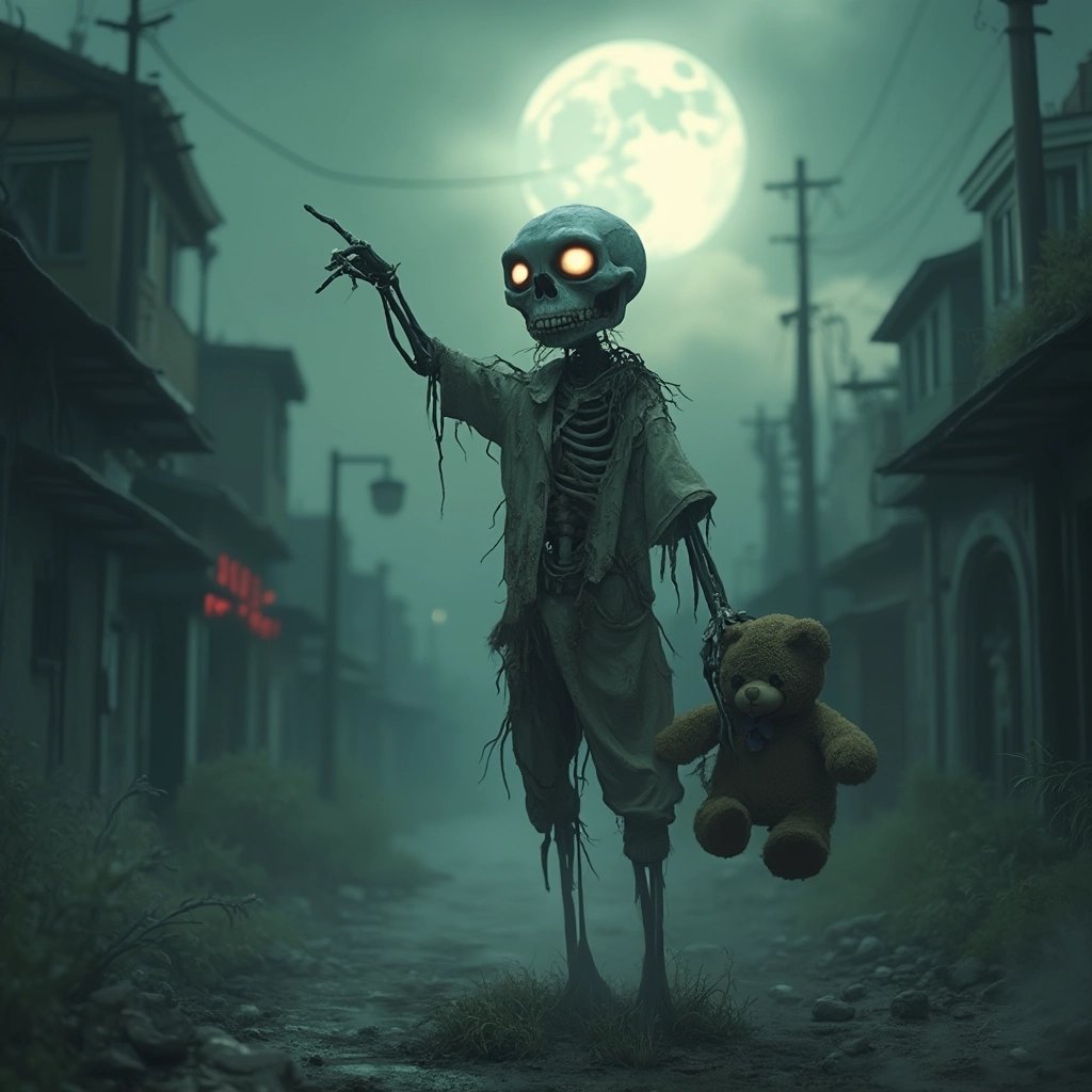 Zombie Skeleton in a Haunted Town at Night with a Full Moon