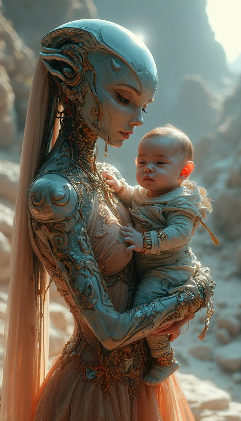 An ethereal being in ornate armor tenderly holds a serene infant amidst a mystical, rocky landscape