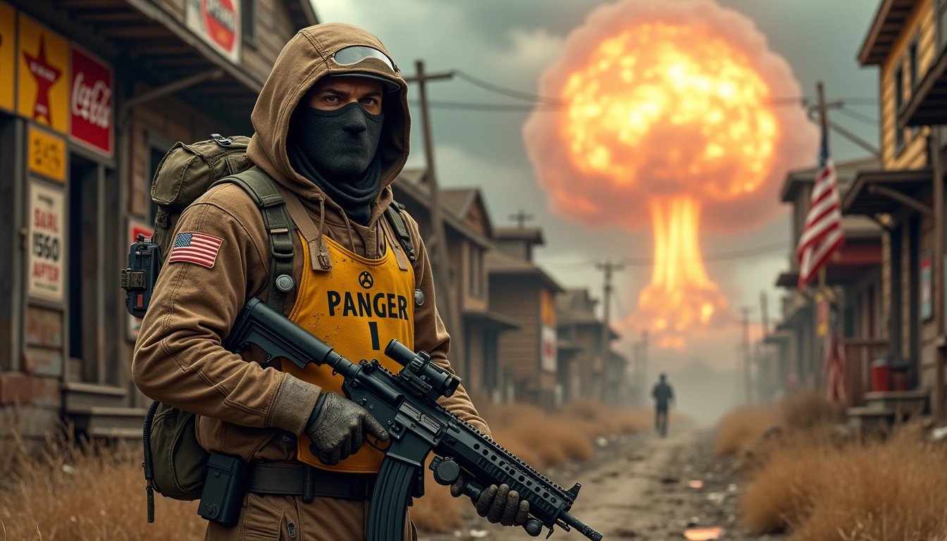 furry, create a detailed, realistic post-apocalyptic ranger in a mask and brown uniform with a yellow radioactive vest, with a sci-fi helmet and tactical outfit. He stands looking at viewer, holding a heavy rifle. Background is a wooden old building falling apart, with lots of 1950's memorabilia signs, coca cola, texaco, and american flag, dirty, ripped with holes in it. Dark, worn attire with advanced tech elements, in cinematic, textured photography. background a huge atomic bomb explosion cloud.