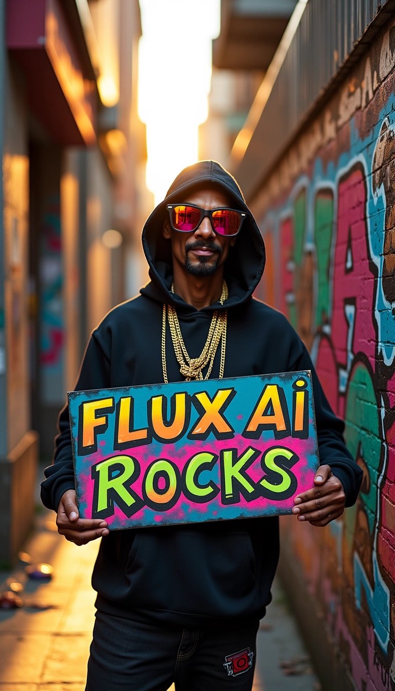 Rapper in Hoodie and Gold Chain Holds FLUX AI ROCKS Sign in Graffiti Alley