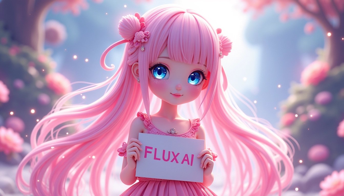 Enchanting Anime Girl with Pink Hair and Dress, Holding Flux AI Sign