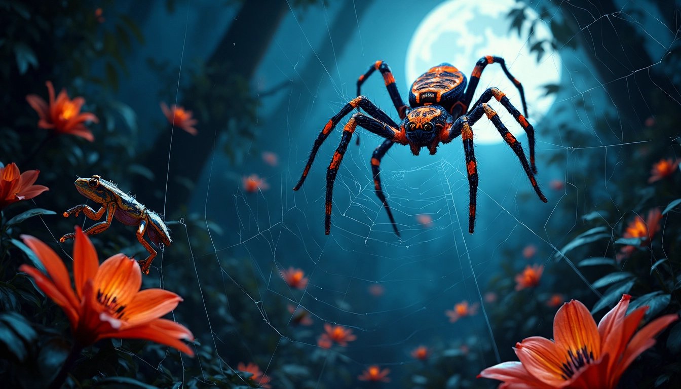 Magical Nighttime Forest with Spider and Insect on Flower