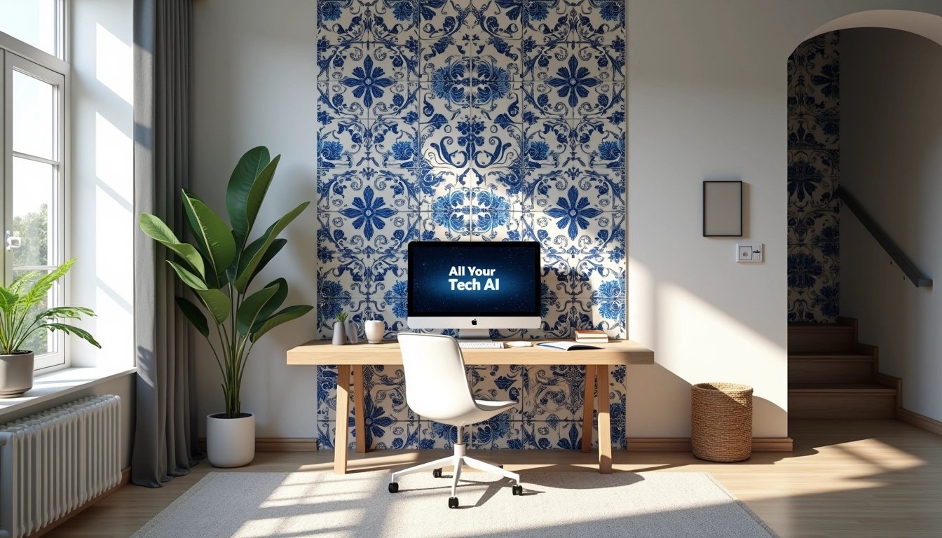 A sleek, modern home office with clean lines and minimalist furniture. The back wall is decorated with intricate, Portuguese-inspired tiles featuring vibrant blues and whites, adding a touch of traditional elegance to the contemporary space. A large, modern desk sits in the center frame, with a state-of-the-art computer on it. The computer screen prominently displays the text "All Your Tech AI" in a futuristic font. Soft, natural light streams in from a window, casting gentle shadows and illuminating the space with a warm, welcoming glow. The room is neatly organized, with a few stylish decor pieces and greenery adding life to the setting. The overall mood is one of creativity and productivity, blending modern design with cultural richness seamlessly. Photographed from an eye-level angle, ensuring all elements are clearly visible and well-composed.