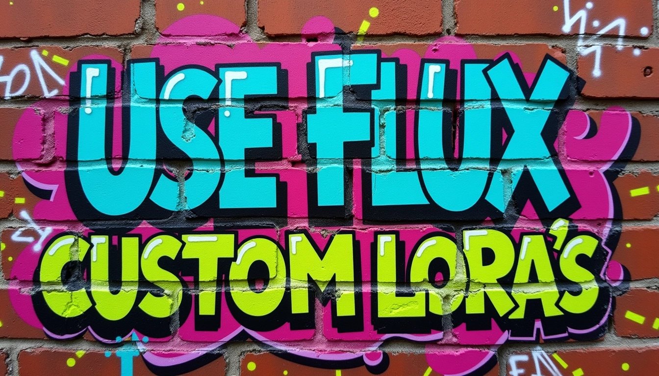 A close-up view of an urban brick wall, the rough texture of the bricks clearly visible in shades of weathered red and brown. The wall is covered in vibrant, eye-catching graffiti that reads "USE FLUX WITH CUSTOM LoRA's" in bold, dynamic lettering. The graffiti is composed of a mix of neon colors, including electric blue, lime green, and bright pink, with intricate designs and patterns surrounding the text, resembling urban street art with an edge of cyberpunk influence. The lighting is natural, suggesting a bright, cloudless day, casting soft shadows that accentuate the wall's texture. The camera angle is straight-on, ensuring the graffiti is the focal point of the image. The overall mood is energetic and creative, capturing the vibrancy and rebellious spirit of street culture. High-definition photography with a shallow depth of field to keep the text and wall in sharp focus while subtly blurring the background elements.