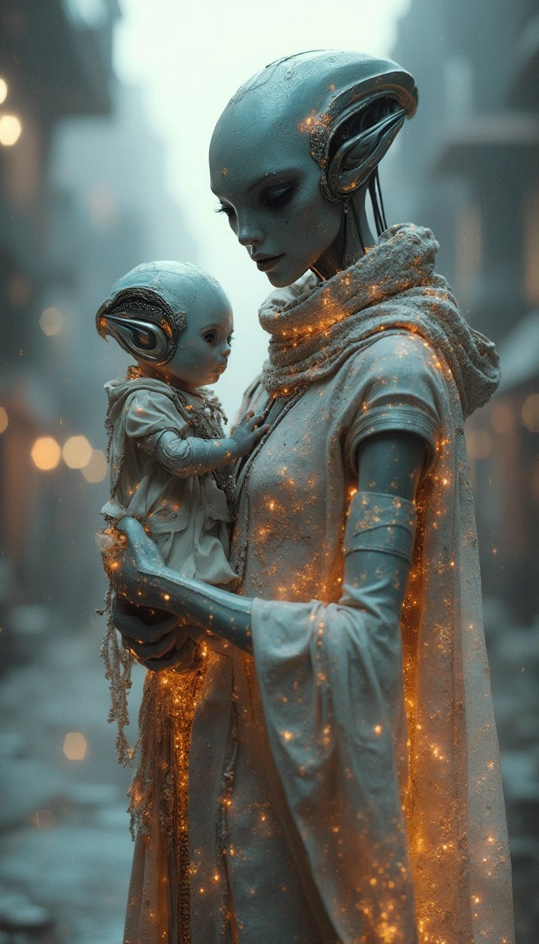 Futuristic Alien Mother and Baby Figure in a Cityscape