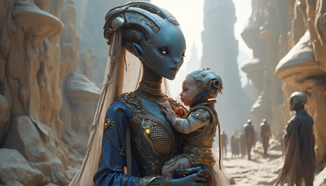 An Alien Mothers Protective Embrace in a Mysterious, Extraterrestrial Landscape