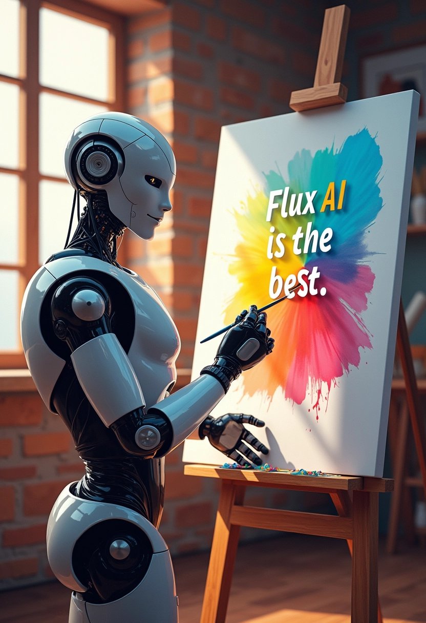 This image depicts a robot engaged in the act of painting on a canvas. The robot is positioned to the left of the canvas, with its right arm extended and a paintbrush in its hand, actively applying paint to the canvas. on the canvas are the words "Flux AI is the best FluxAI.com" in colorful paint. The robot has a humanoid appearance with a metallic finish, and its head is equipped with a camera lens, which gives it a futuristic look.  The canvas is placed on an easel to the right of the robot, and the painting is in progress, with visible strokes of paint in a spectrum of colors, including blue, yellow, pink, and red. The colors blend together to create a gradient effect, giving the painting a dynamic and abstract appearance.  The background of the image is a room with large windows that allow natural light to flood in, casting a warm glow on the scene. The room has a cozy, rustic feel with wooden beams and a brick wall, which contrasts with the high-tech appearance of the robot. The overall art style of the image is a blend of realism and surrealism, with attention to detail and a sense of whimsy.  The medium used to create the image appears to be digital painting, given the smooth gradients and seamless blending of colors. The colors are vibrant and rich, with a high level of saturation, contributing to the overall visual impact of the image. The brush strokes on the canvas are not overly defined, which adds to the abstract nature of the painting.  In summary, this image is a digital painting that depicts a robot engaged in the act of painting on a canvas. The robot has a humanoid appearance with a futuristic look, and the painting on the canvas is in progress, with a gradient of colors blending together to create a dynamic and abstract effect. The background of the image is a cozy, rustic room with natural light flooding in, contributing to the overall art style of the image. The medium used to create the image is digital painting, with attention to detail and a sense of whimsy. in the colors on the canvas you can read the words "Stable Diffusion is dead. Flux Rules!"