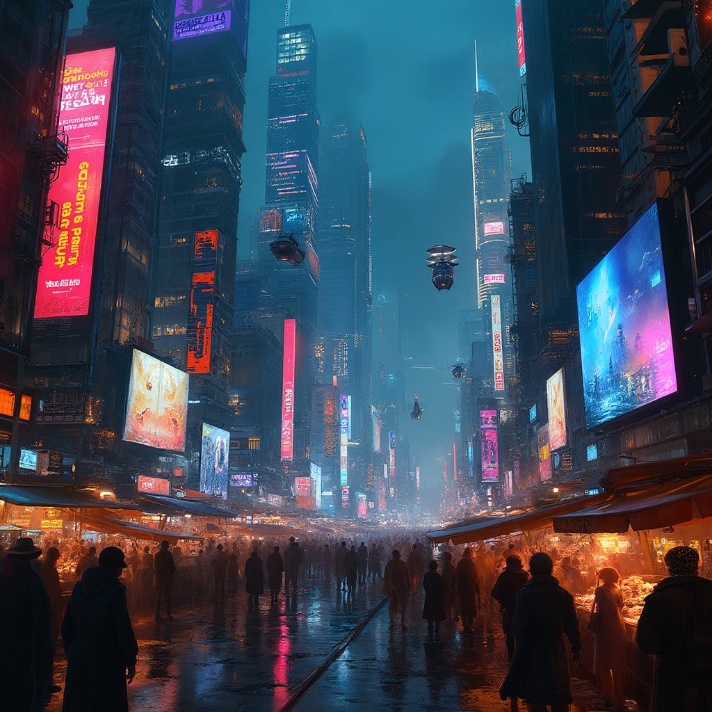 An intricate, hyper-realistic painting of a bustling cityscape at night, infused with a cyberpunk aesthetic. Neon lights cast a vibrant glow on the sleek, mirrored facades of towering skyscrapers, which stretch upwards into a dark, starless sky. The streets are alive with activity, crowded with people dressed in futuristic attire, their expressions a mix of curiosity and determination. Hovering vehicles zip through the air, leaving trails of light in their wake. A few towering billboards display holographic advertisements in vivid, eye-catching colors. The scene is framed from a high vantage point, capturing the depth and scale of the city. Street-level details include rain-slicked pavement reflecting the neon hues, bustling markets, and shadowy alleyways. The atmosphere is thick with a sense of urgency and technological advancement, all bathed in the cold, metallic glow of artificial lighting.