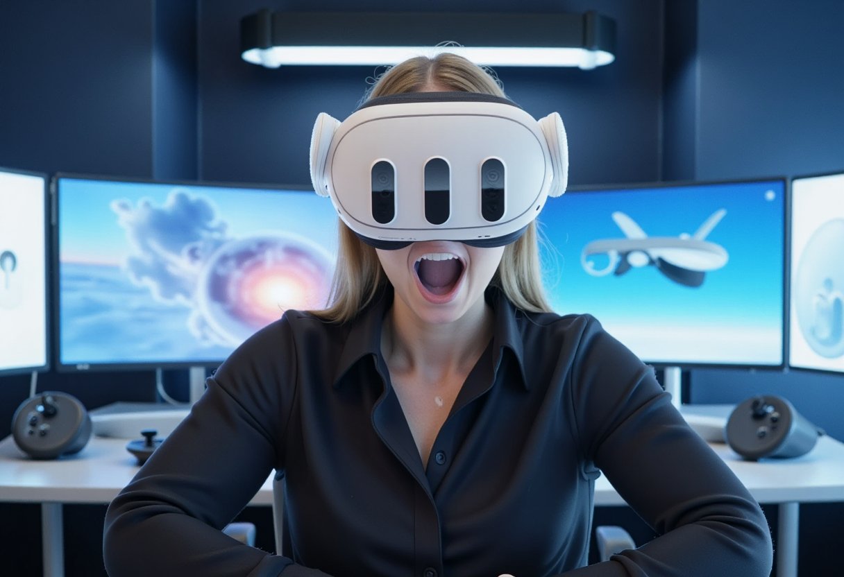 A high-resolution photograph of a woman sitting comfortably on a modern sofa, wearing a sleek, futuristic VR headset. The scene is set in a contemporary living room with minimalist decor - clean lines, neutral colors, and a few stylish accents. The woman is positioned centrally in the frame, depicted in a three-quarter view, emphasizing her engaged expression and relaxed posture as she interacts with the virtual environment. The lighting is warm and natural, streaming in softly through large windows, casting gentle shadows that add depth to the image. The overall atmosphere is cozy and inviting, suggesting an immersive and serene virtual experience. The textures are detailed, from the softness of the sofa fabric to the smooth, reflective surface of the VR headset. Photographed using a high-quality camera with shallow depth of field to blur the background slightly, further highlighting the subject.