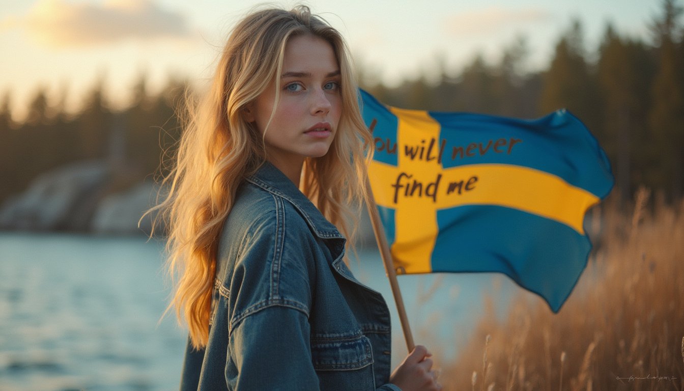 A Blonde Woman with a Swedish Flag by a Lake