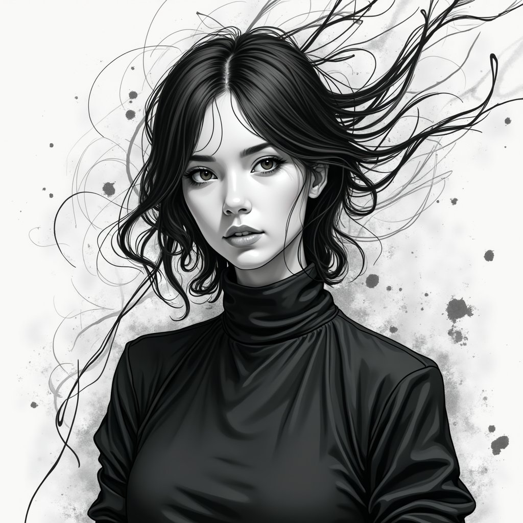 Hauntingly Elegant A Monochromatic Portrait of a Woman with Spiraling Hair