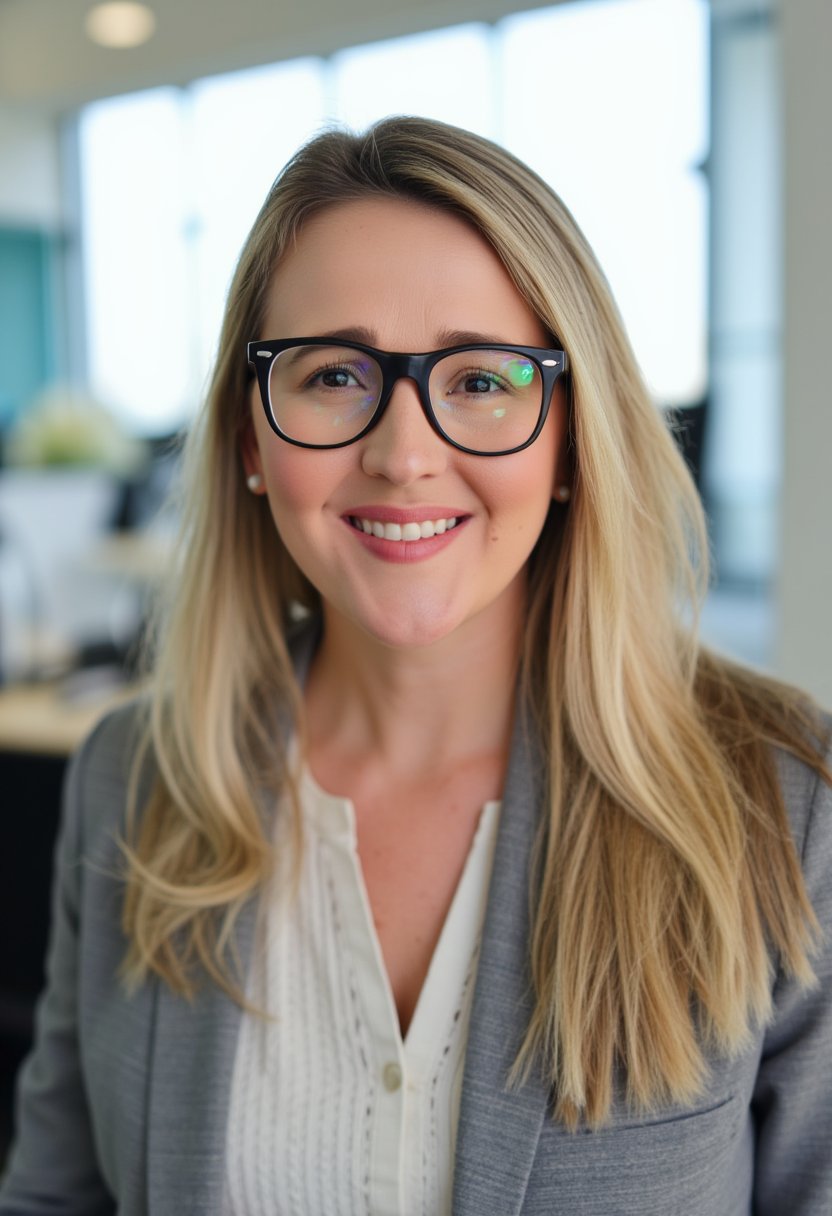 Professional Woman with Blonde Hair and Glasses in Office Environment