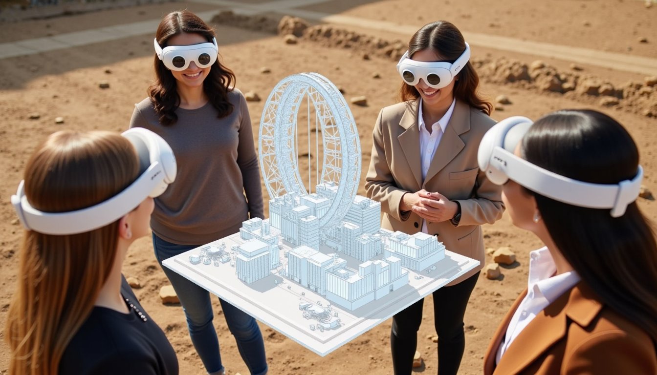 A group of four people, each wearing a sleek white VRheadset, stand in a tight circle. They are immersed in an architecture mixed reality (MR) experience, their faces illuminated by the glow of a massive, floating 3D model of a modern building. The model is an intricate architect's sketch, with fine lines and detailed structure, floating elegantly in mid-air. The backdrop is a vast construction site with earthen floors, raw and unpolished, hinting at the early stages of a grand project. The scene is bathed in warm, natural daylight, casting soft shadows that add depth to the rough textures of the ground. The atmosphere is charged with the excitement of innovation and futuristic possibilities. The composition captures the blend of advanced technology and raw, earthy reality, framed from a slightly elevated angle to encompass both the group and the expansive site. The image style is a blend of hyper-realistic digital art and concept sketch aesthetics, creating a harmonious yet dynamic visual narrative.