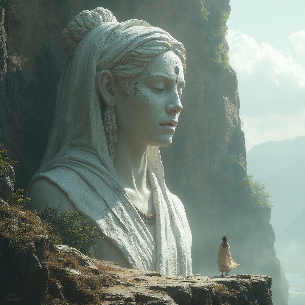 Create a digital artwork that captures the essence of this aweinspiring scene. The focal point is a colossal, weathered stone statue of a female figure, her gaze cast slightly downward. The statues features are intricate and expressive, with a notable scarification mark on her forehead. The texture of the stone is rough and uneven, with areas of discoloration and erosion, suggesting age and resilience.The statue is set against a rugged cliffside landscape, with stratified rock formations that rise starkly against the sky. The lighting is dramatic, with sunlight filtering through the clouds, casting dynamic shadows and highlights across the scene. The colors are muted, with earthy tones dominating the palette, punctuated by the stark white of the statue and the occasional splash of color from the vegetation clinging to the rocks.In the foreground, there is a solitary figure standing on the rocky terrain, dwarfed by the scale of the statue. The figure is dressed in a flowing garment that billows slightly in the breeze, adding a sense of movement to the otherwise still composition. The figures posture is contemplative, mirroring the introspective nature of the statue.The overall atmosphere of the artwork should be one of solemnity and reflection, inviting the viewer to ponder the history and significance of the statue and the landscape it overlooks. The composition should be balanced, with the statue taking center stage, while the figure and the landscape provide context and scale. The use of light and shadow should be masterful, creating a sense of depth and drama.