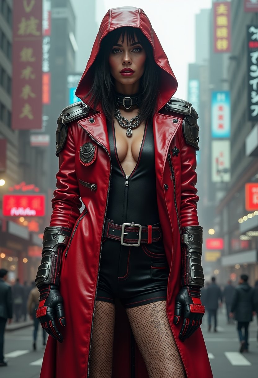 RedHooded Femme Fatale in a Futuristic Asian Megacity