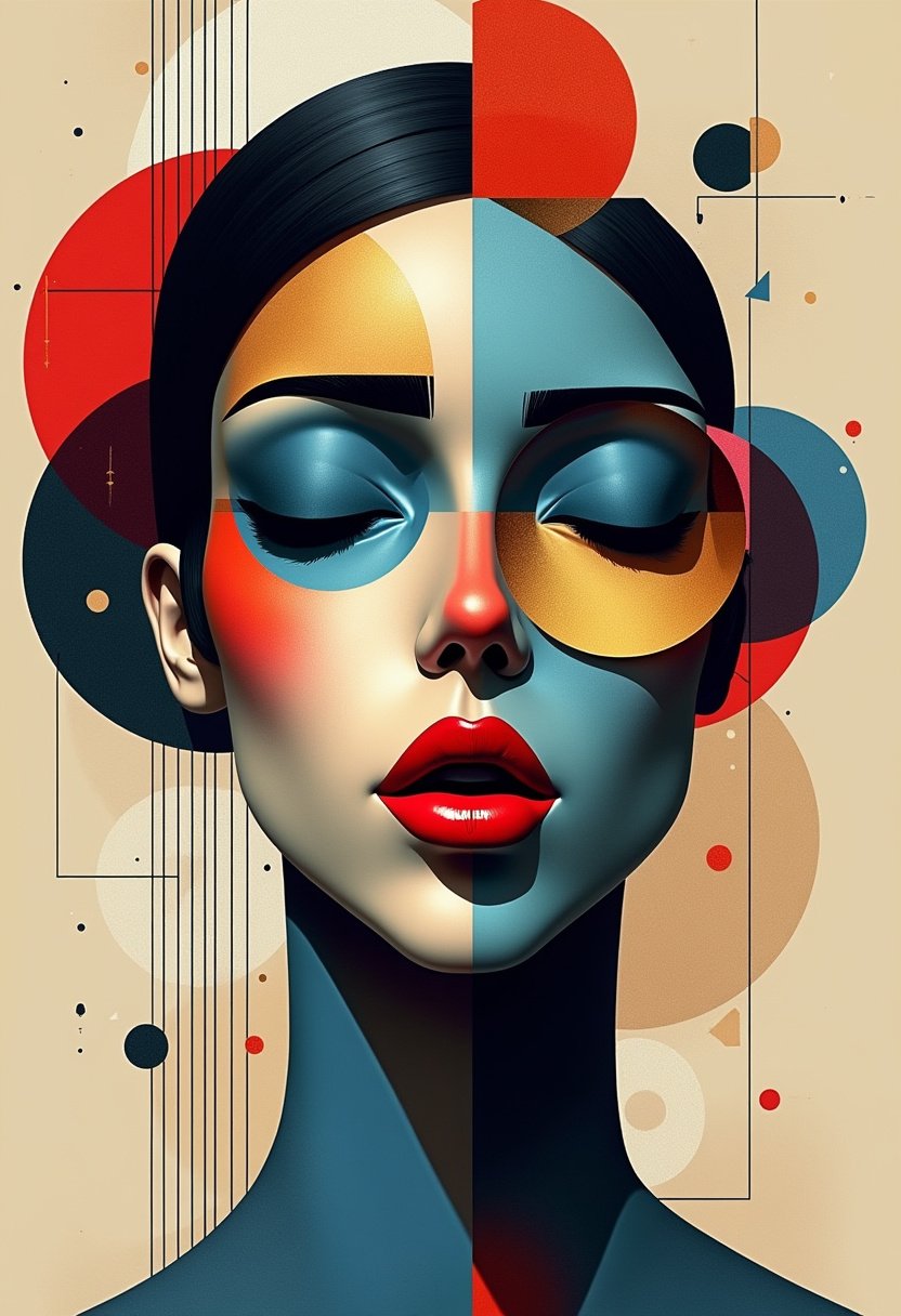 Abstract Portrait of a Woman with Geometric Shapes and Lines