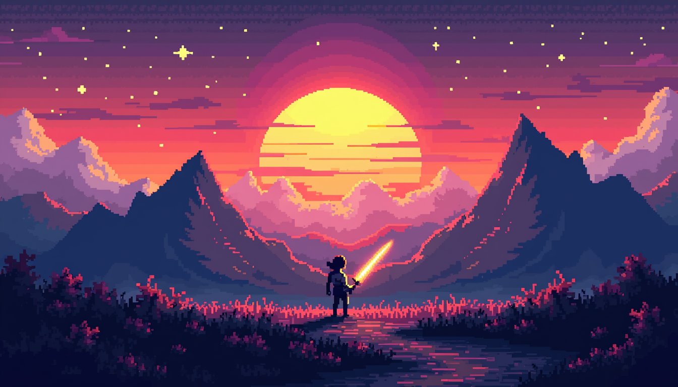 pixel art, A vibrant retro gaming wallpaper featuring an 8-bit pixel art landscape with a sunset over a pixelated mountain range. The sky is a gradient of purples and oranges, with pixel stars beginning to appear. In the foreground, a lone pixelated character stands holding a glowing sword, with a retro HUD overlay displaying their health and score. (vivid style)