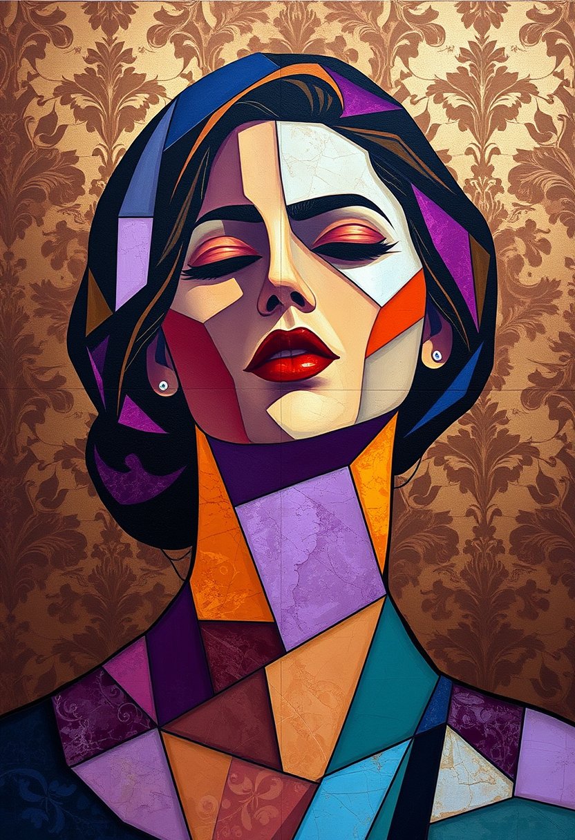 Abstract Cubist Portrait of a Woman with Closed Eyes