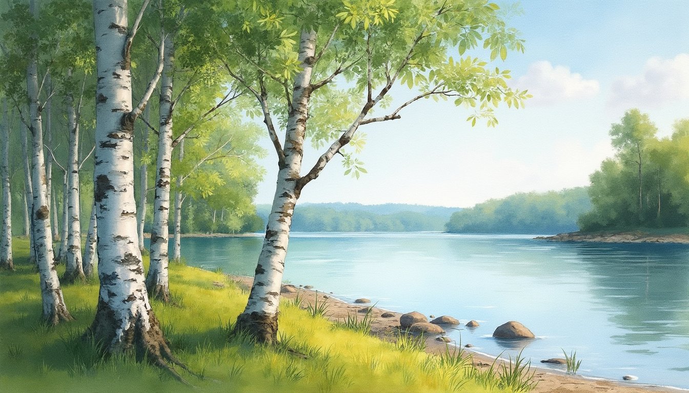 This is a watercolor painting that captures a serene lakeside scene. The art style is realistic with a touch of impressionism, as evidenced by the loose brushwork and the play of light and shadow. The medium used appears to be watercolor, as suggested by the fluidity and transparency of the colors.The painting features a group of birch trees with white bark and green leaves, standing on the grassy shore. The trees are depicted in various stages of growth, with some taller and more slender, and others shorter and bushier. The trunks of the trees are detailed with horizontal striations and branches that reach out towards the viewer.In the background, there is a calm lake with gentle ripples, reflecting the sky and the surrounding trees. The water is painted in shades of blue, with lighter blues near the shore and deeper blues further out. There are also a few rocks protruding from the water, adding to the naturalistic feel of the scene.The grass on the shore is depicted in various shades of green, with the foreground showing darker greens and the background having lighter greens. The grass is painted with short, quick strokes that give it a realistic texture and volume.The sky is painted in a soft, light blue, with a few wispy clouds scattered across the horizon. The light in the painting is warm and natural, with the sun casting soft shadows on the ground and highlighting the textures of the trees and grass.Overall, the painting exudes a sense of tranquility and peace, inviting the viewer to take a moment to appreciate the beauty of nature.