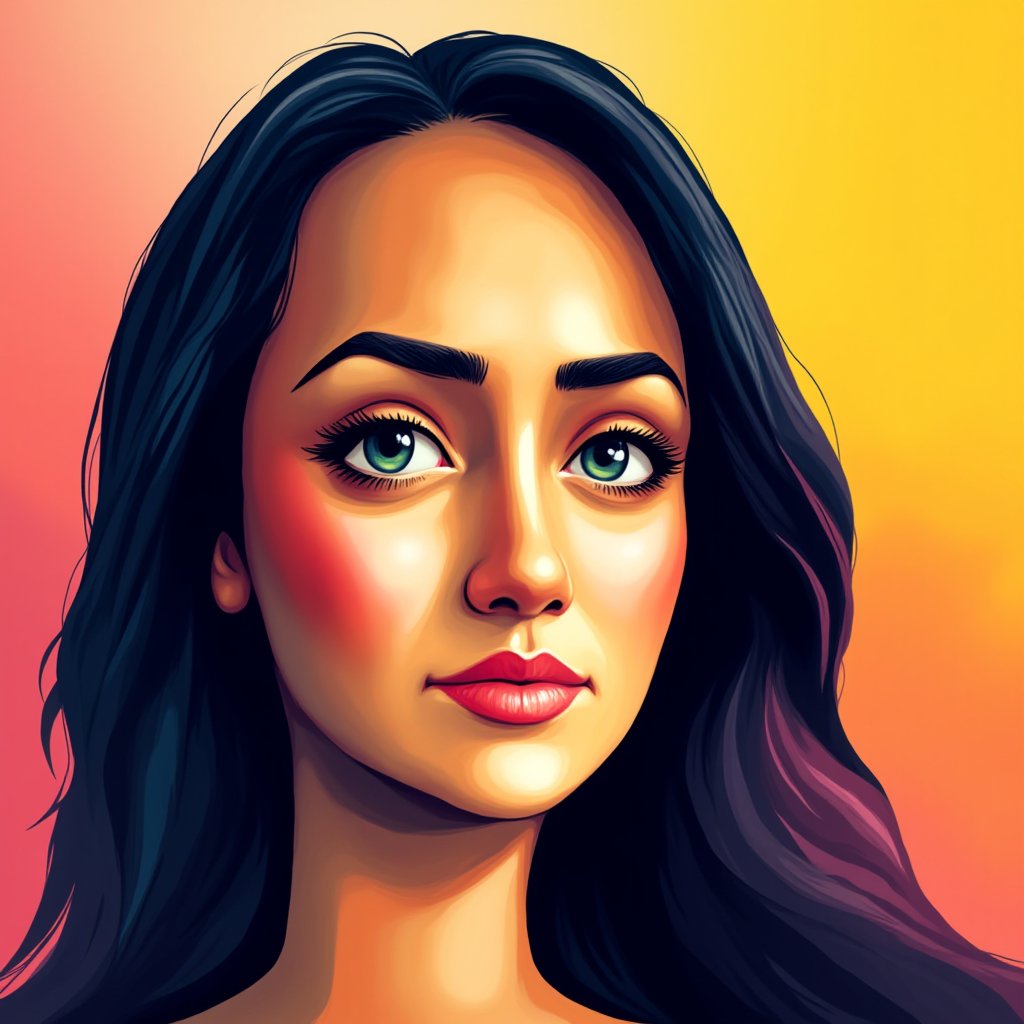 Vibrant Digital Portrait of a Woman with Long, Dark Hair and Green Eyes