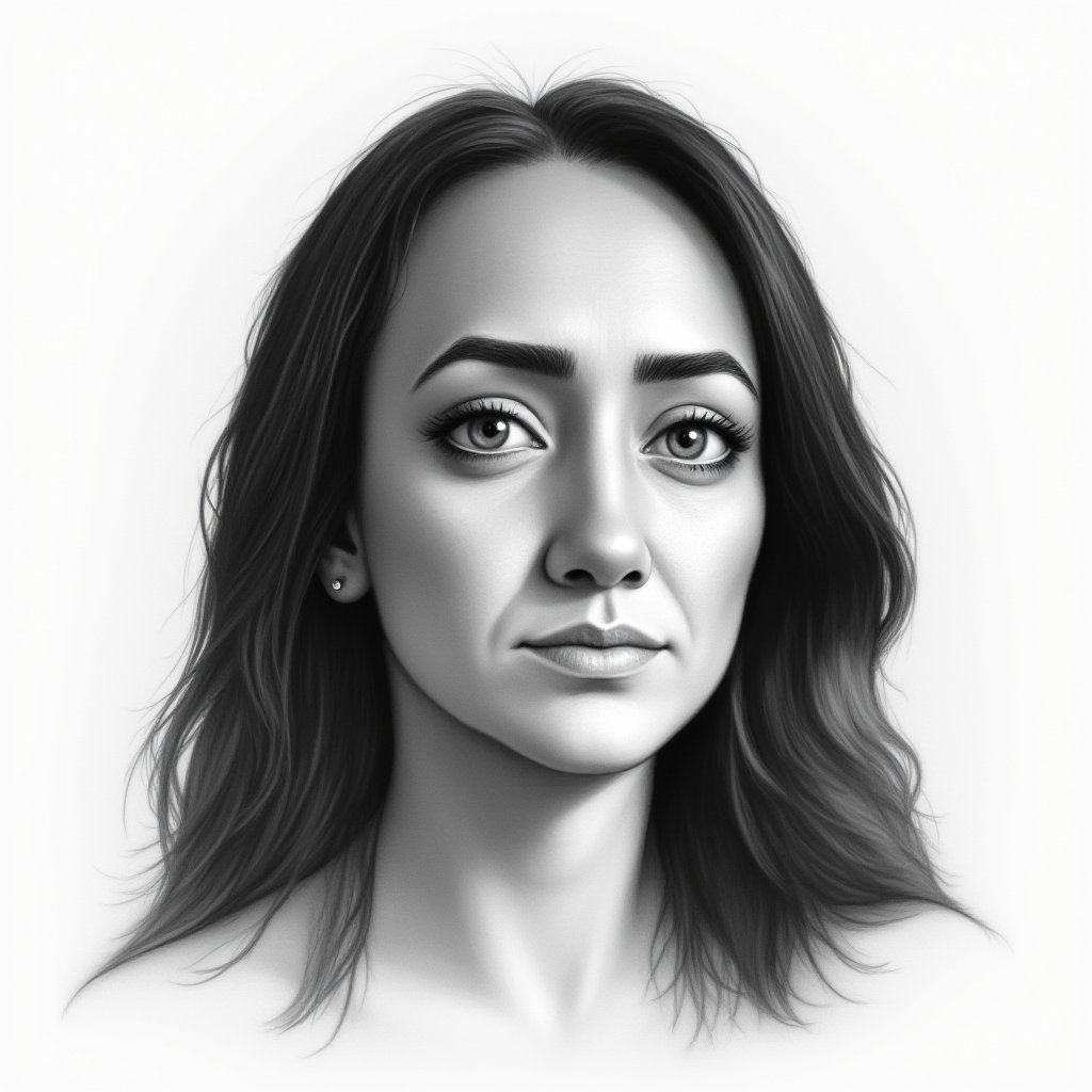 Detailed grayscale portrait of a contemplative woman with shoulderlength hair and a stud earring