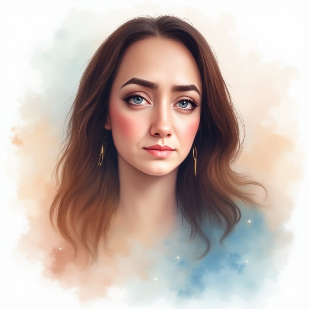 Digital Portrait of a Woman with Long, Wavy Hair and Elegant Earrings