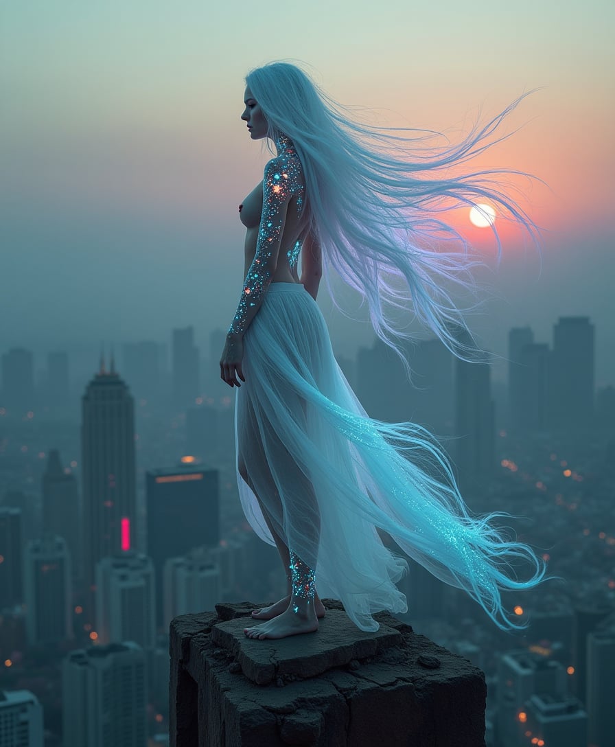 Enigmatic Elegance A Celestial Being atop a Cityscape