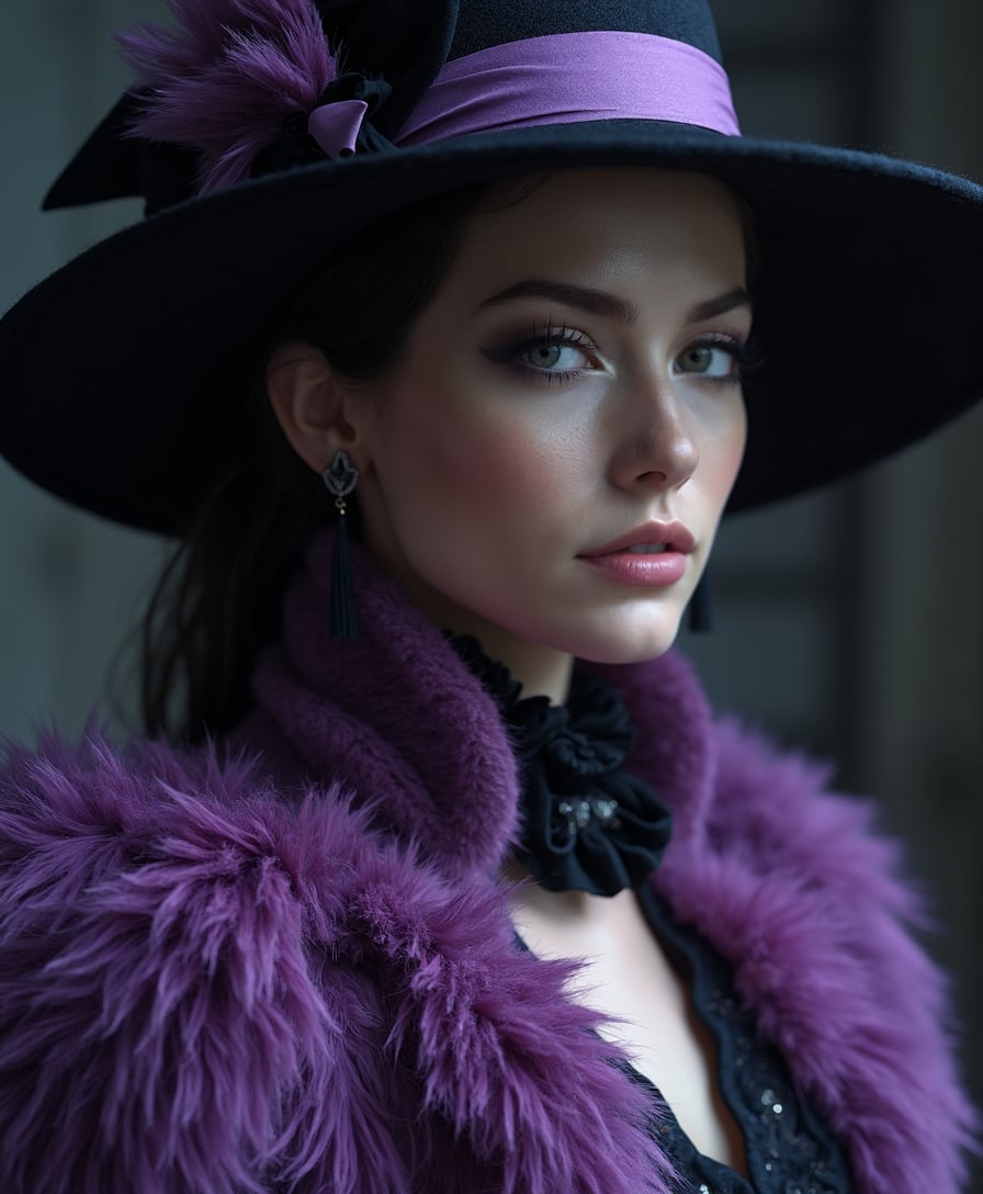 Elegant Lady in Purple Hat and Coat