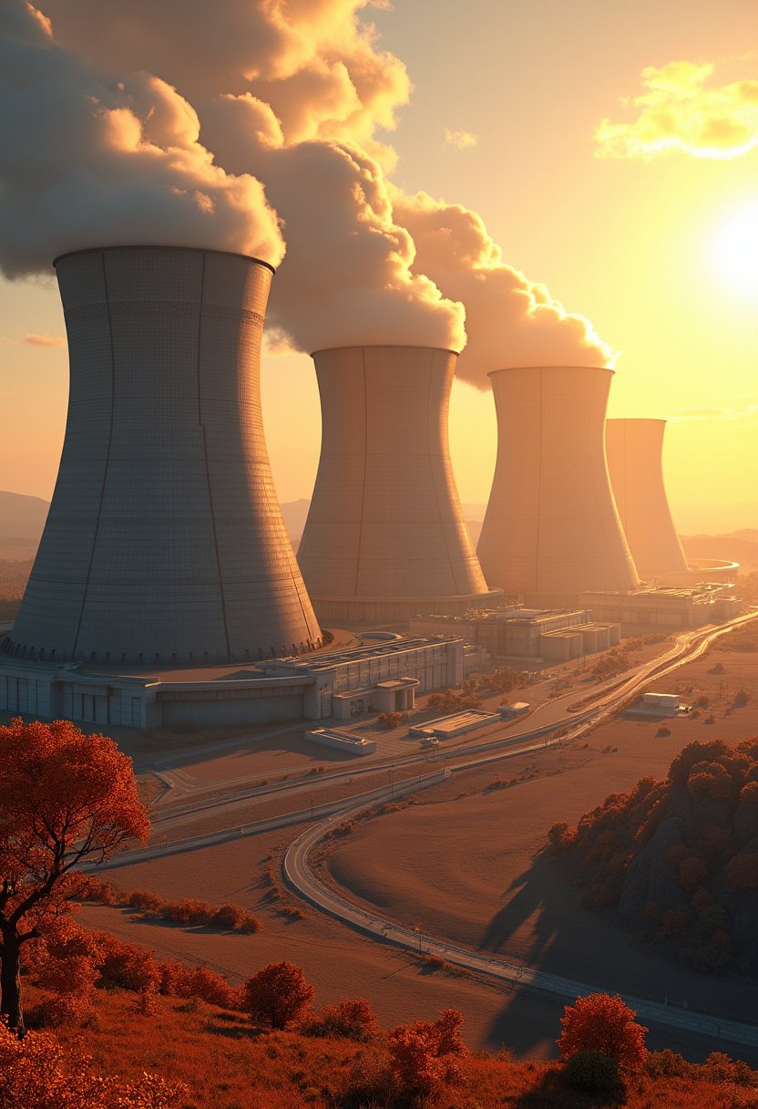 A stunning 3D render of a nuclear power plant, with towering structures and intricate machinery. The hum of the turbines generates an atmosphere of immense power and energy. The facility is surrounded by a vast, barren landscape, with a few scattered trees and a winding road in the distance. The sun casts a warm, golden light over the scene, creating a sense of both awe and unease., 3d render