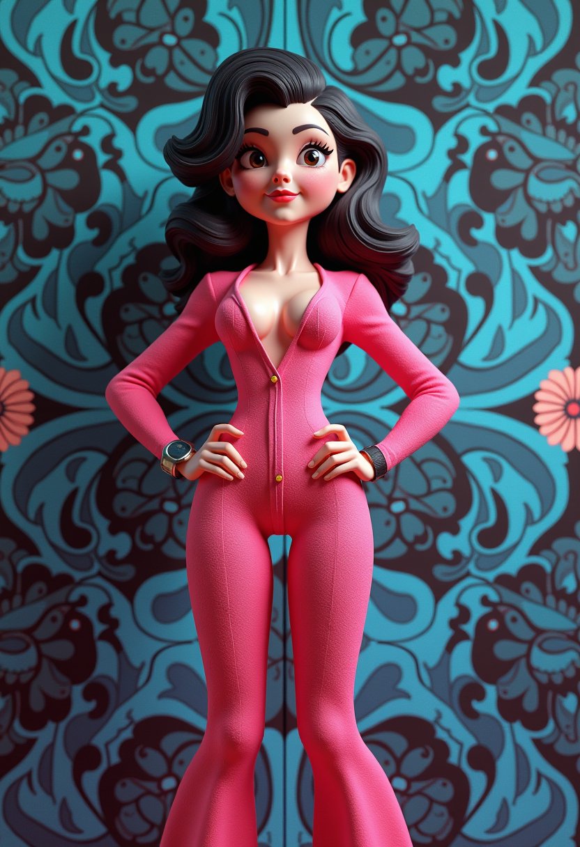 This image is a 3D rendered scene that captures a stylized female figure in a vibrant and dramatic setting. The art style is reminiscent of a pinup or burlesque aesthetic, with a focus on exaggerated curves and a playful, seductive pose. 3d cartoon girl, chibi big head, large eyes, with a vintage aesthetic, reminiscent of the 1940s to 1950s pinup style. The girl is standing against a backdrop with a bold, patterned design. The backdrop is a large, rectangular panel with a repeating motif of stylized floral and paisley patterns in a blue and black color scheme. The design is reminiscent of the psychedelic art style popular in the 1960s and 1970s.The person in the image is wearing a bright pink, longsleeved jumpsuit with a distinctive heartshaped cutout in the center of the torso. The jumpsuit has a fitted design that contours closely to the body, and the fabric appears to have a slight texture, giving it a soft, plush appearance. The persons hands are placed on their hips, and they are wearing a watch on their left wrist.The overall art style of the image is reminiscent of vintage photography, with a focus on the subject and the patterned background. The medium appears to be a color photograph, given the range of colors and the clarity of the image. The colors in the image are quite vibrant, with the pink of the jumpsuit standing out against the blue and black of the background. The lighting in the image is soft, and there is a slight shadow cast by the person, which adds depth to the compositio