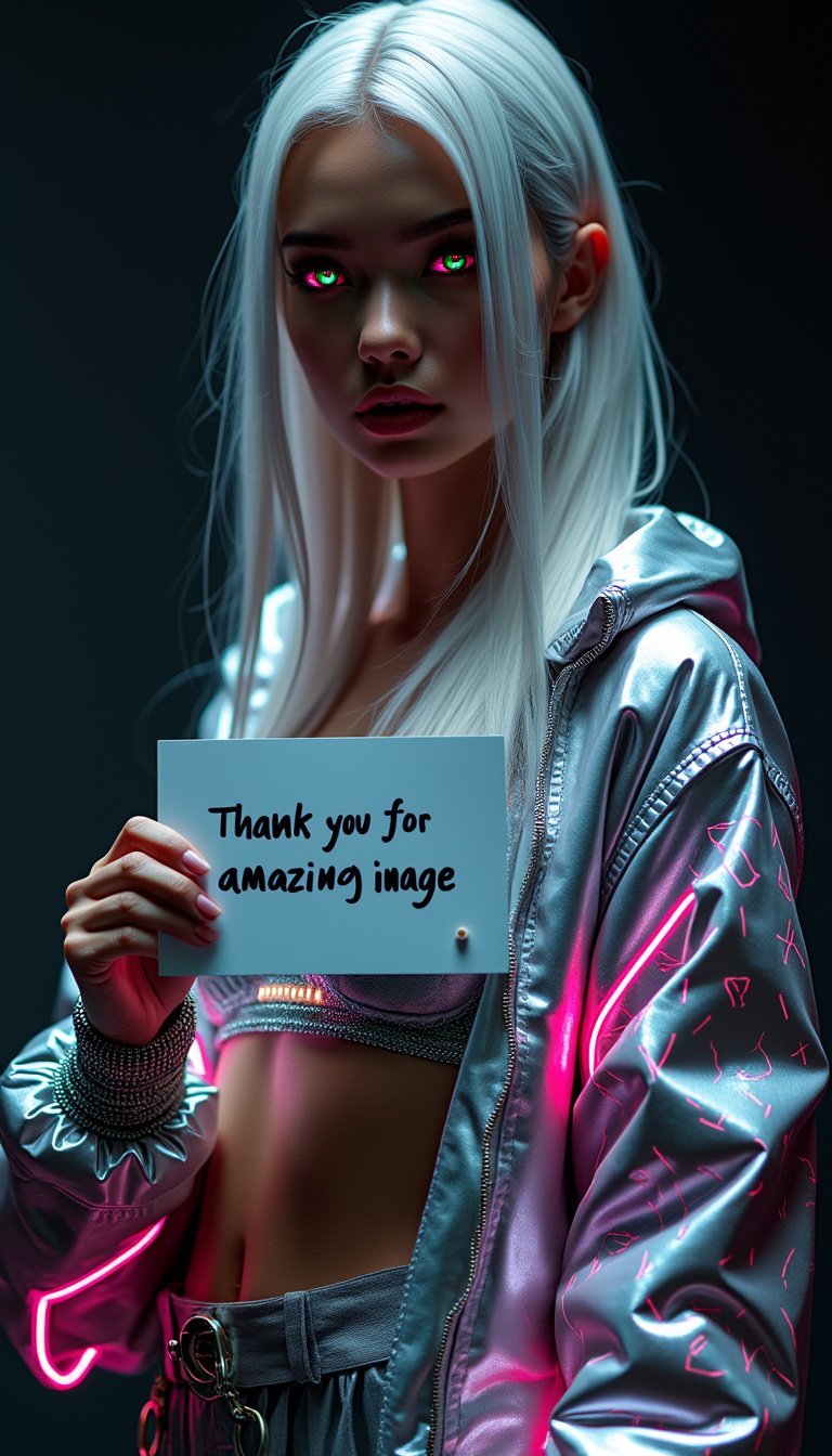 Platinum Blonde with Neon Accents Holds Thank You Card