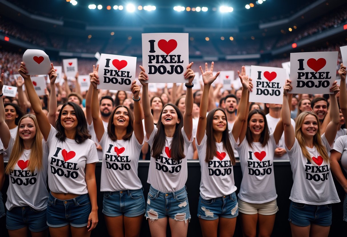 This image captures a vibrant and densely packed crowd of individuals, facing the camera, looking at viewer, seemingly at a concert or a rally, given the enthusiastic display of signs and the attire of the crowd. The setting is an indoor stadium with a high ceiling, and the ambiance is electric with the energy of the crowd. The predominant colors in the image are white, red, and black, which are the colors of the signs and the clothing of the crowd. The white of the signs and clothing stands out against the darker background of the stadium, drawing attention to the messages and the unity of the crowd. The red hearts on the signs are a focal point, symbolizing love and support for the person or cause being celebrated.The crowd is holding up signs with the words "I PIXEL DOJO" written in bold, black letters with a red heart symbolizing the word love. The repetition of this phrase across the crowd creates a sense of solidarity and collective sentiment. The signs are of various sizes, with some individuals holding them high above their heads, while looking at viewer, while others hold them at waist level.The individuals in the crowd are dressed in a uniform manner, wearing white T-shirts with the same "I PIXEL DOJO" message and denim shorts or jeans. This uniformity in attire reinforces the sense of unity and shared purpose among the crowd.The lighting in the stadium is bright, with spotlights illuminating the crowd, casting shadows on the floor and highlighting the enthusiasm and engagement of the attendees. The crowd's attention seems to be directed towards the camera, (looking at viewer:1.2) adding to the dynamic atmosphere of the event. The art style of the photo is candid and documentary, capturing a moment of collective emotion and expression. The medium appears to be a high-resolution photograph taken with a professional camera, given the clarity and detail of the image.