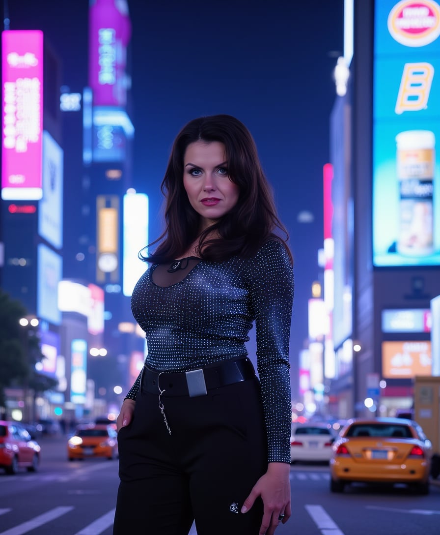 Confident Woman in Sparkly Top and Pants Stands in Times Square at Night