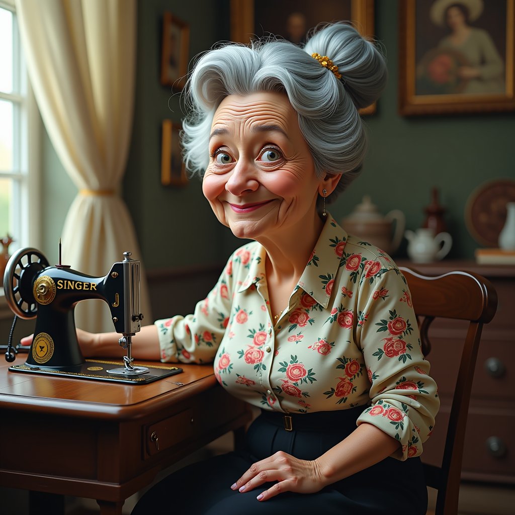 Joyful Grandmother with a Singer Sewing Machine