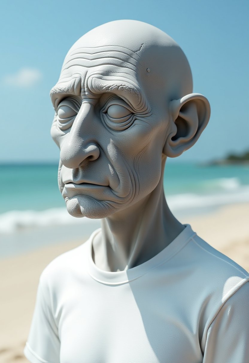 3D Sculpted Portrait of an Elderly Gentleman with a Serene Beach Background