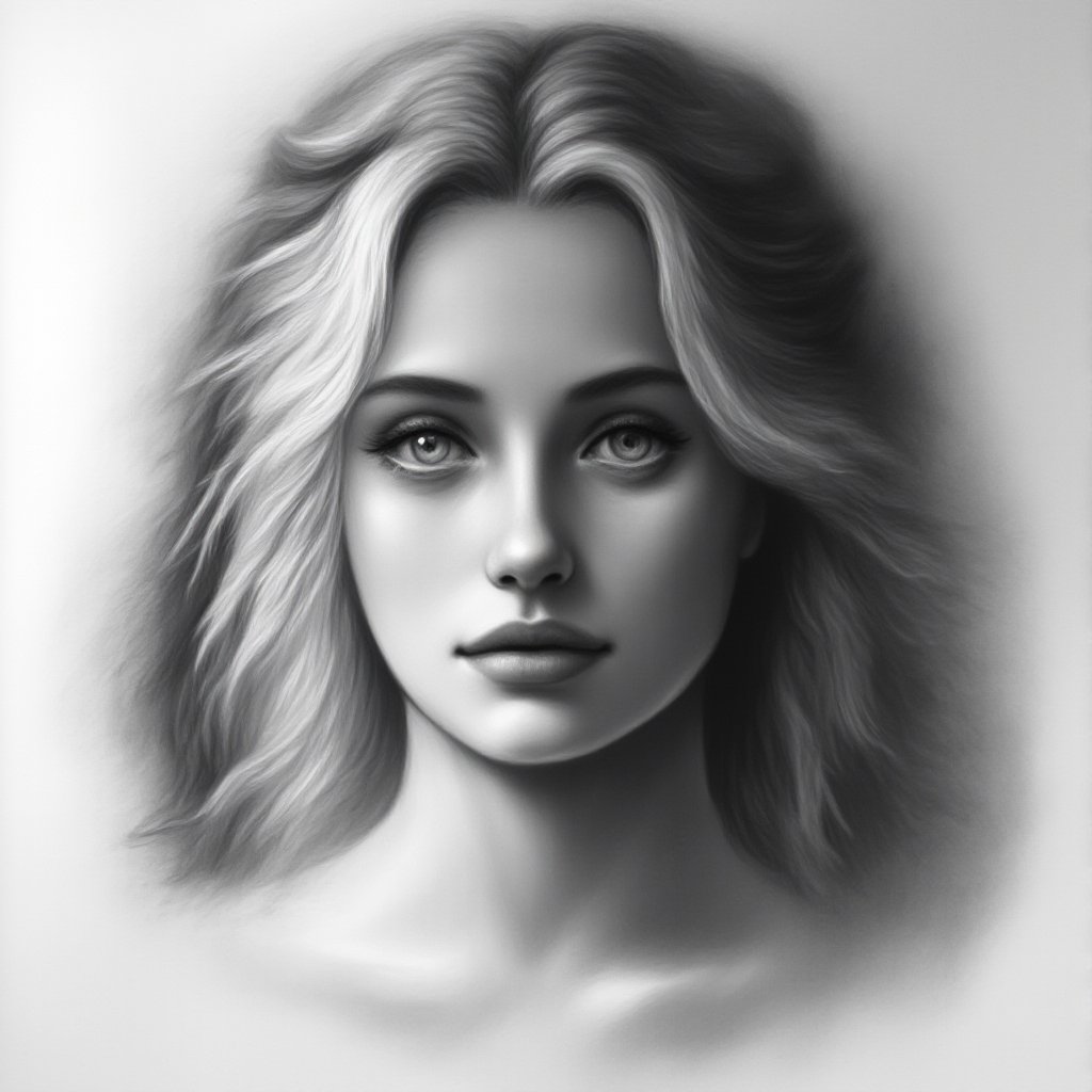 Hyperrealistic grayscale portrait of a woman with flowing hair