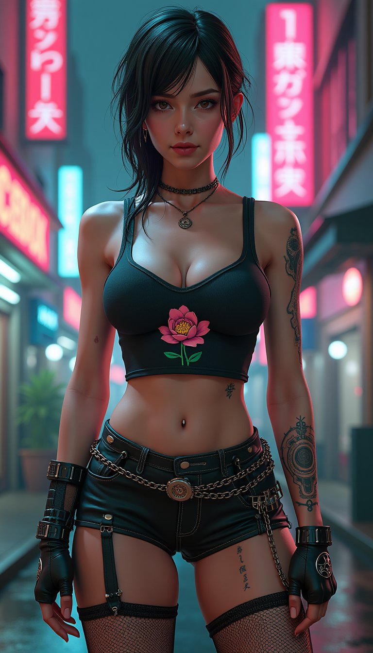 This image is a digital artwork that depicts a female figure in a cyberpunk style. The art style is characterized by its futuristic elements, gritty urban backdrop, and a color palette that is rich with dark tones and neon accents.The medium appears to be a highresolution digital rendering, likely created using 3D modeling and texturing software. The lighting and shadows are expertly crafted to give the image a realistic and immersive quality.The colors in the image are predominantly dark and muted, with a few bright neon accents that stand out against the background. The figure is wearing a black tank top with a floral design on the front, and a matching pair of shorts with a chain belt. The shorts are fitted with fishnet stockings, and the figure is wearing gloves with a metallic texture.The figure has a variety of tattoos on her body, including a prominent one on her left arm that resembles a mechanical gear. Her hair is wet and tousled, and she has piercings in her ears and neck.The background of the image is a blurred urban night scene with neon signs and a variety of architectural elements that suggest a futuristic cityscape. The overall atmosphere of the image is one of gritty urbanity, with a touch of cyberpunk flair. The watermark @FLUXAI is present in the bottom right corner, indicating the artist or creator of the image.