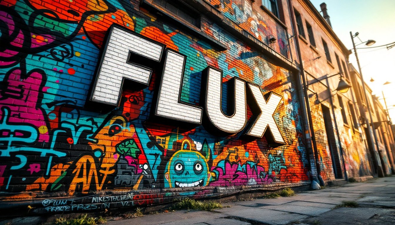 Imagine a vibrant urban scene focusing on a brick wall covered in diverse, intricate graffiti art. The focal point is bold, dynamic text reading "FLUX PRO V1.1" in a striking, futuristic font. The background is an eclectic mix of colorful street art, featuring abstract shapes, characters, and symbols that create a rich tapestry of urban culture. Sunlight filters through nearby structures, casting dramatic shadows and enhancing the textures of the rough, aged brick. The graffiti is vivid, with hues of electric blue, neon green, and fiery orange splashed against the earthy reds and browns of the bricks. Capture this scene from a low-angle perspective, emphasizing the towering presence of the wall and the immersive depth of the graffiti. The style should reflect a modern street art sensibility, with elements of cyberpunk aesthetics, conveying a raw, exhilarating energy. The mood is edgy yet creative, set in a bustling city street during the late afternoon, as golden hour light punctuates the vibrant colors and textures.