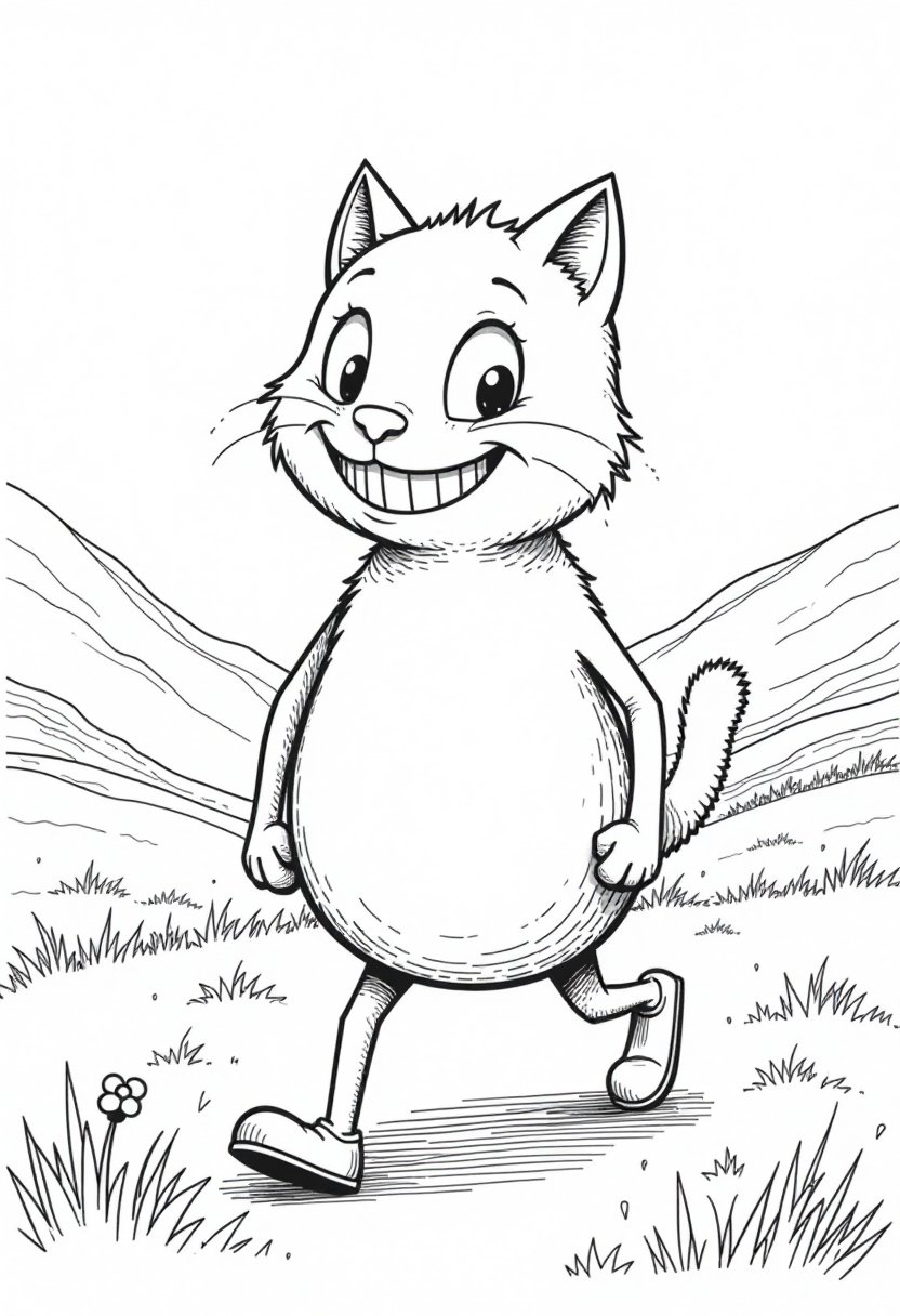 Coloring Page A Jolly Cat Embarks on a Journey Through the Meadows