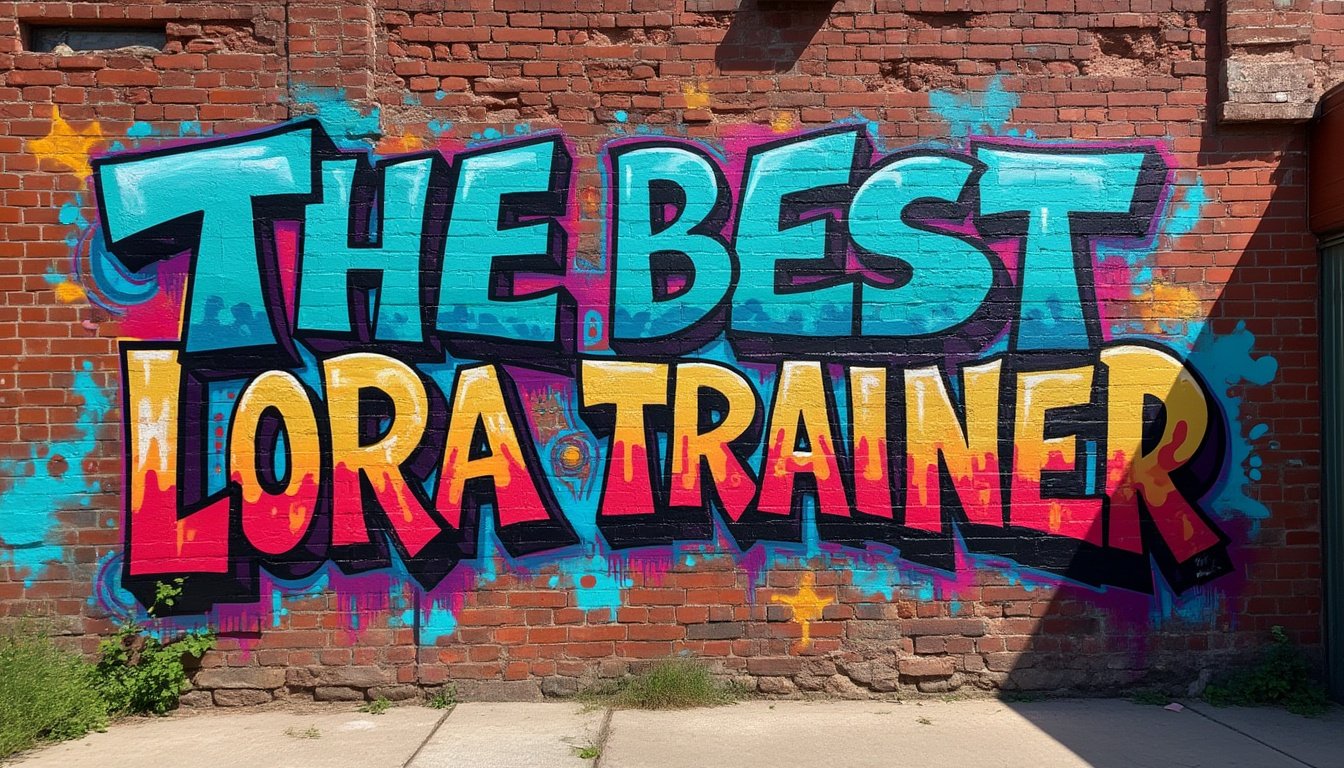 Imagine a weathered brick wall, each brick uneven and textured with natural imperfections. The wall is set in an urban alley, giving off an aged, rustic charm that contrasts with the vibrant graffiti. The graffiti features bold, artistic spray-painted letters in vivid shades of electric blue, fiery red, and neon green, spelling out "THE BEST LORA TRAINER ON THE PLANET". The paint drips slightly, suggesting freshly applied paint, and offers an authentic street-art look with additional artistic flourishes and embellishments surrounding the text, like abstract swirls and splatters in complementary colors.

**Style**: The artwork embodies a contemporary street art style, capturing the raw, organic aesthetic typical of urban graffiti culture. It reflects the spontaneous and rebellious nature associated with graffiti art.

**Composition**: The camera angle is straight on, directly facing the wall, capturing the full glory and details of the graffiti. The focus is sharp on the text, centered within the frame with the surrounding wall decoratively encasing it, creating a balanced composition.

**Mood and Atmosphere**: The scene is set during the day under a clear sky, with sunlight casting gentle shadows that enhance the texture of the bricks and the vivid