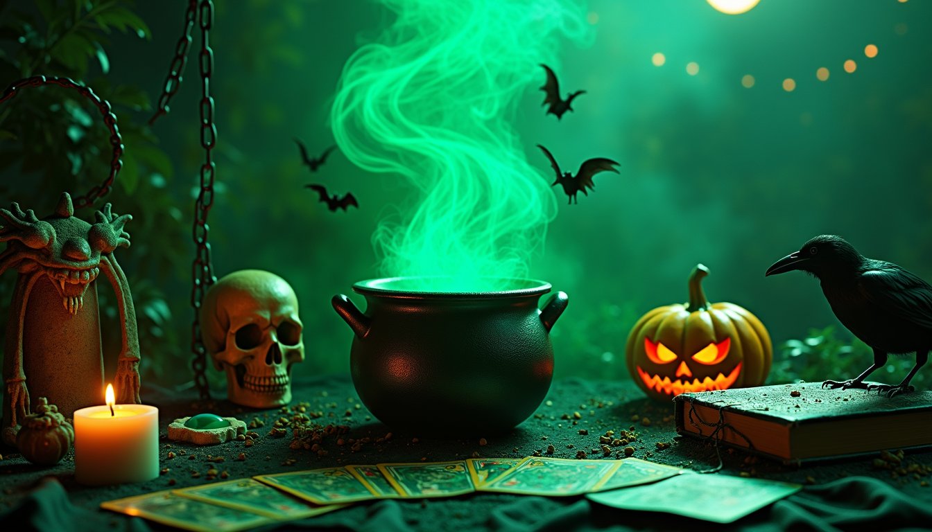 halloweentech, spooky, supernatural green, scifi, a photo of halloweentech style, **Title**: "HalloweenTech: A Supernatural Sci-Fi Spookfest"

**Description**: In a captivating scene inspired by the fusion of Halloween and futuristic technology, immerse yourself in a world where supernatural green hues flicker amongst sci-fi elements. At the heart of this image lies a cauldron, emitting a swirling column of smoke, illuminated by a glowing green underlight, suggestive of a mystical brew. Surrounding the cauldron, tarot cards scatter across a surface, while bat wings cast intricate shadows across a cursed candle flickering ominously atop a skull candle. A delicate spider web weaves between objects, glistening with emerald drops, framing a skeleton key and a blood-stained cloth that whispers secrets of bygone rituals.

In the background, a demon mask peers through eerie fog, while a crystal ball perches atop an old tome. Every detail of this scene sparks the imagination: pumpkin seeds and a ghostly sheet rustle in the digital breeze, a vampire cape drapes dramatically over a gargoyle statue, and a jack-o’-lantern with an LED face casts an unsettling grin.

The atmosphere is alive with the sound of eerie music, punctuated by the chittering of a raven perched beside chains. Full moonlight bathes