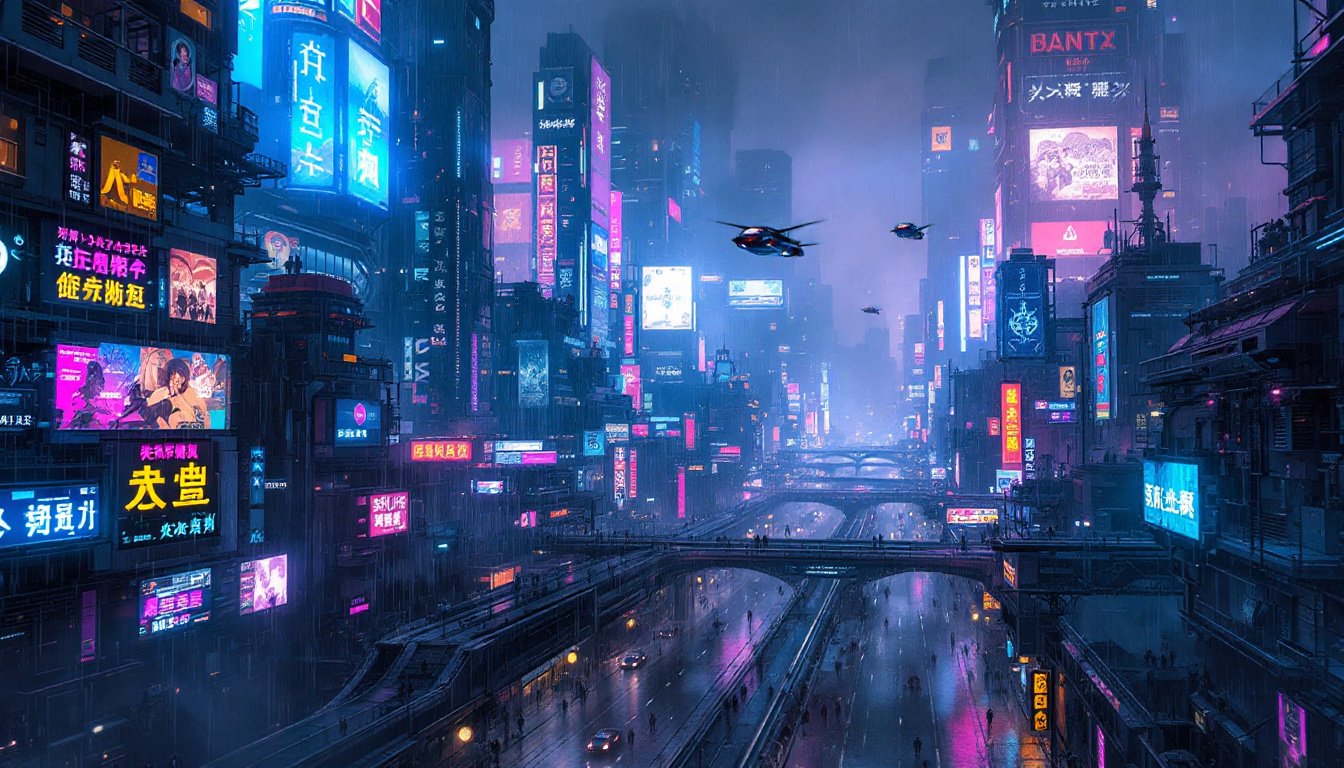 A vast dystopian cyberpunk cityscape unfolds under a night sky heavy with smog. Towering skyscrapers with neon-lit facades dominate the skyline, their windows aglow with a kaleidoscope of colors. Flying cars weave between the buildings, leaving trails of luminescent light behind them. The streets below are a maze of elevated highways and narrow alleys, crowded with people in futuristic attire. Holographic signs and advertisements project from every surface, displaying animated images and messages in multiple languages. A gentle rain falls, creating reflections on the slick surfaces and adding a misty haze that softens the harsh neon lights. The overall atmosphere is a blend of high-tech splendor and gritty realism, captured in a cinematic, ultra-high-definition style. The image is infused with shades of electric blues, deep purples, and vivid pinks, inspired by the works of artists like Syd Mead and the aesthetic of films like 'Blade Runner'