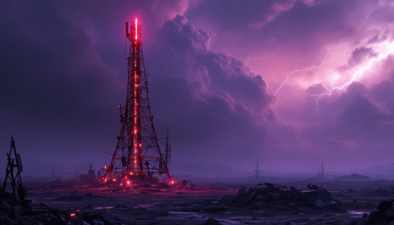 Amidst a vast expanse of desolation, a solitary radio tower pierces the darkened sky, standing as the last sentinel of a bygone era. The tower's skeletal frame is a complex lattice of rusted metal and tangled wires, some sparking intermittently with fading energy. At its peak, a faint red light blinks slowly, sending out a silent cry into the void. Surrounding the base of the tower are the remnants of a lost civilization: cracked screens flicker with ghostly images, twisted metal structures collapse under their own weight, and heaps of discarded devices—smartphones, tablets, robotic limbs—are half-buried in the ashen ground.

The landscape is bathed in a haunting glow from a sky painted with deep purples and obsidian blacks. Massive storm clouds swirl ominously, their depths illuminated by occasional flashes of stark white lightning that momentarily expose the ruins below. The air is thick with the smell of ozone and the distant rumble of thunder, adding to the oppressive atmosphere. Shadows stretch and recoil with each lightning strike, creating a dynamic tapestry of light and dark.

In the foreground, a lone figure draped in tattered, futuristic attire stands gazing up at the tower. Their face is obscured by a hood and a makeshift mask fashioned from old electronic parts, glowing faintly with residual power. Clutched in their hand is a worn-out receiver emitting a soft, steady pulse of light—tuned into the tower's final broadcast. The ground beneath them is cracked and barren, with veins of glowing circuitry running like errant roots, hinting at the technological decay seeping into the earth.

The overall color palette is a stark contrast of dark, muted tones and vibrant neon highlights—deep indigos, charcoals, and grays offset by electric blues and crimson reds. The scene is rendered in hyper-realistic detail, capturing every texture from the corroded metals and shattered glass to the frayed fabrics and weathered skin. The style draws inspiration from the atmospheric works of artists like Simon Stålenhag and the cinematic visuals of films such as 'Blade Runner 2049' and 'Mad Max: Fury Road', encapsulating the eerie beauty of a world left in technological ruin yet still reaching out into the abyss with its last signal.